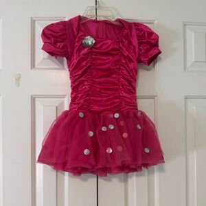Hot Pink Dance Costume w/ Puff Sleeves & Polka Dot Tulle Skirt